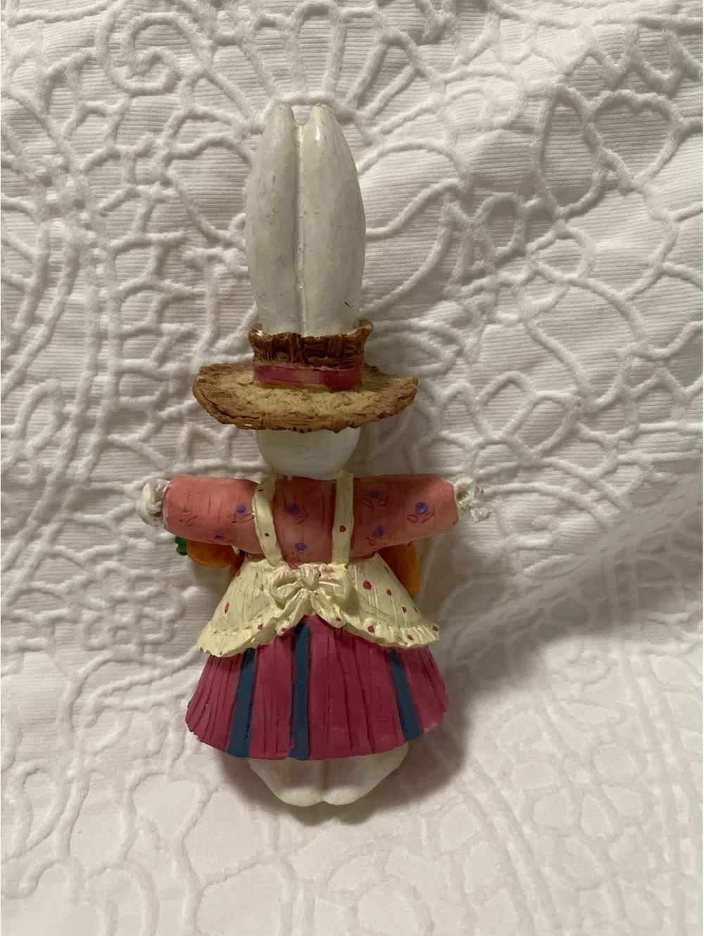 Hand-Painted Easter Bunny Figurine with Carrot Apron and Straw Hat